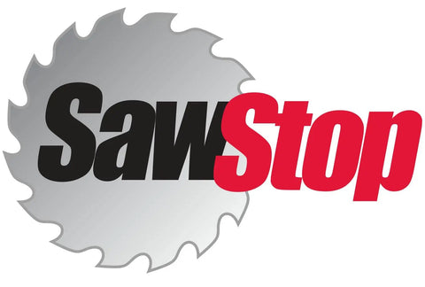 Logo of SawStop featuring a circular saw blade icon, symbolizing safety and precision for heavy duty use.