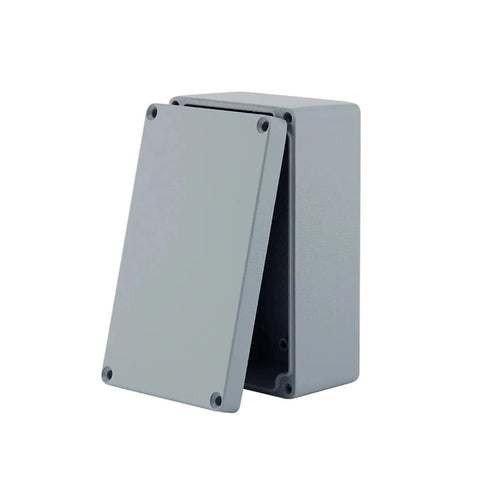 SHIHUANI angled front view IP67 outdoor junction box with hinged lid, gray cast aluminum enclosure FA2-1 120x80x55