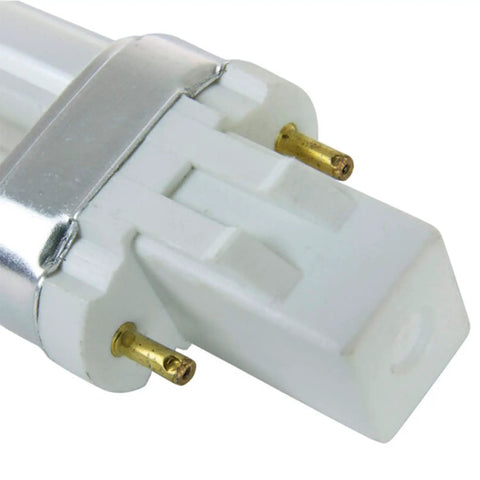 Close-up of 2-pin GX23 base of Compact Fluorescent U Shaped Twin Tube Light Bulb 13W 120V 720 Lumens 6500K for office use
