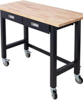 48 Inch Heavy Duty Mobile Workbench With 2 Drawers Solid Rubber Wood Top Rolling Garage Table With Locking Casters Steel Workbench