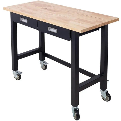 48 Inch Heavy Duty Mobile Workbench With 2 Drawers Solid Rubber Wood Top Rolling Garage Table With Locking Casters Steel Workbench