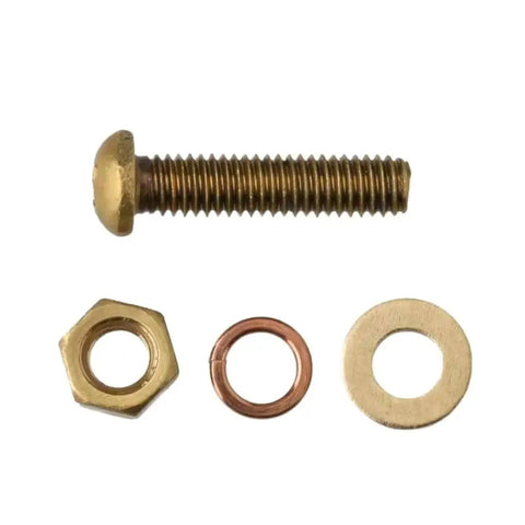 Premium Brass Screw Nut Kit Featuring Pan Head Phillips Fasteners With Washers For Metalworking Projects In M3 To M6 Sizes showing a brass screw, nut, and washers.