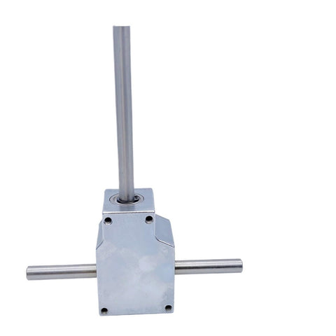 Heavy Duty 90 Degree Spiral Bevel Gearbox Reducer Assembly With Dual Shafts For Small Industrial Motors showing steel casing and two shafts.