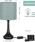 Blue Green Bedside Lamps Set Of 2 with fabric shade and metal base, shown with dimensions and cord for bedroom and office use.