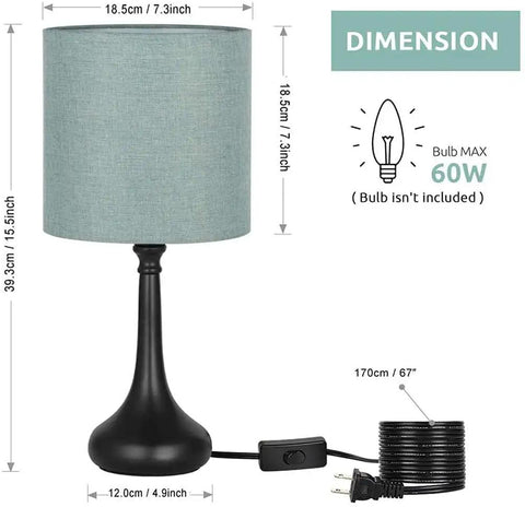 Blue Green Bedside Lamps Set Of 2 with fabric shade and metal base, shown with dimensions and cord for bedroom and office use.