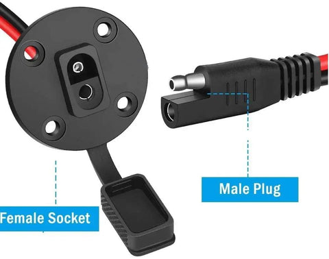 Close-up of Solar Panel To SAE Adapter With MC4 Connector Extension Cable 10AWG highlighting male plug and female socket.
