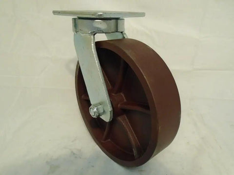 Heavy Duty Eight Inch Swivel Caster With Kingpinless Ductile Steel Wheel, viewed from the side, showcasing its robust construction.