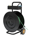 Heavy Duty Strapping Cart Dispenser With Wheels Portable Packaging Trolley Featuring Built In Tray For Poly Plastic And Steel Bands, black material.
