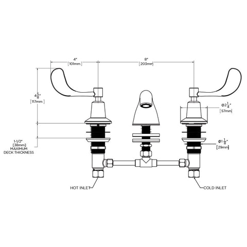 Diagram of Commander Eight Inch Widespread Lavatory Faucet In Polished Chrome With Beefy Brass Construction Four Inch Wrist Blade Handles