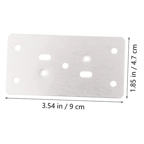Metal panel measuring 3.54 x 1.85 inches from 6 Pack Cabinet Hinge Repair Plates Durable Corner Hinge Plates With Multiple Designs for Quick Furniture Fix Easy Install and No Fuss Strong Hold Keeps Doors Aligned and Smooth