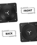 Rock Solid Iron Furniture Leg Mounting Plates Replacement Bracket Hardware For Couch Sofa And Tables Hassle Free Setup Quick Swap DIY Home Fix Kit front and back views of black steel plates