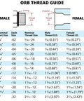 ORB thread guide diagram showing male-to-female hydraulic thread sizes and size table.