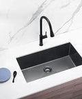 Inset Kitchen Sink Large Single Bowl Stainless Steel 16 Gauge With Strainer, Waste Basket, Bottom Grid, Undermount, Noise Reduction, Workhorse Build, 32 Inch By 18 Inch By 10 Inch, Black, installed in modern kitchen countertop view.
