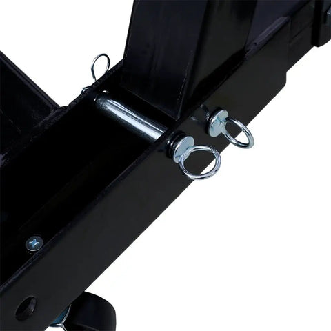 Close-up of Heavy Duty 2 Ton Hydraulic Engine Hoist folding mechanism with bolts and swivel casters for easy maneuverability.