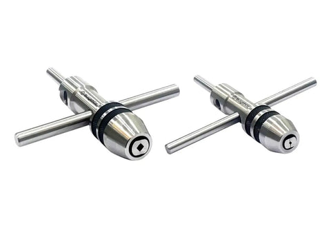 Spindle Pilot Tap Wrench Set For Internal And External Threading, DIY Friendly Hand Tapping Tool, showing two metal wrenches