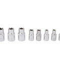 High-Strength E-Type Torx Socket Set Kit With One Quarter, Three Eighths, And One Half Inch Sockets in a row, shiny metal sockets.