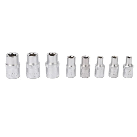 High-Strength E-Type Torx Socket Set Kit With One Quarter, Three Eighths, And One Half Inch Sockets in a row, shiny metal sockets.