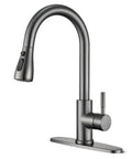SOEBIZ Grey Kitchen Faucets with Pull Down Sprayer, modern high-arc design, SUS 304 stainless steel, kitchen use.