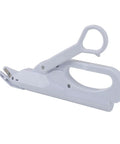 Effortless Cutting Magic With These Mini Battery Operated Electric Scissors That Auto Slice Fabric And Paper With Ease For Home DIY Jobs Light Ergonomic Safety Shears Are Ready To Go side view of white ergonomic electric scissors for DIY fabric and paper cutting.