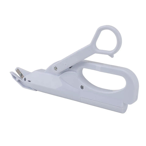Effortless Cutting Magic With These Mini Battery Operated Electric Scissors That Auto Slice Fabric And Paper With Ease For Home DIY Jobs Light Ergonomic Safety Shears Are Ready To Go side view of white ergonomic electric scissors for DIY fabric and paper cutting.