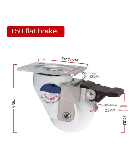 Heavy Duty T50 Swivel Brake Caster With Threaded Stem white brake wheel, shown with dimensions and flat brake mechanism.