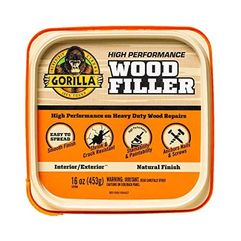 Front view of Gorilla Wood Filler 16 oz tub with natural finish and orange label.
