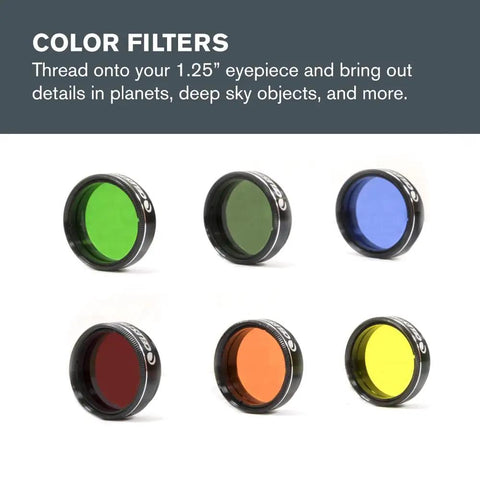 Set of six colored filters for All-In-One Telescope Accessory Kit With Five 1.25-Inch Plossl Eyepieces, 2x Barlow Lens, And Filter Set.