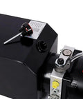Close-up view of Greron 12V Dc Single Acting Hydraulic Pump Power Unit with steel reservoir and SAE six port.