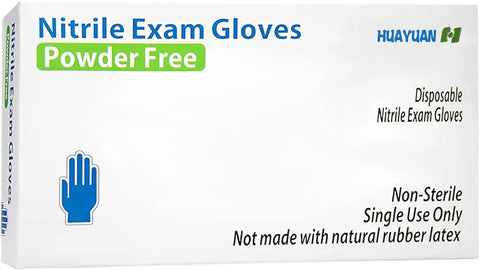 Built Tough Powder Free Nitrile Exam Gloves With Killer Textured Grip And Real Deal Burst Proof Strength For Medical Or Food Tasks, Latex Free Snug Fit, Blue Medium, 100 Count packaging showing powder-free disposable nitrile exam gloves.
