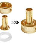2 Pack Solid Brass Hose End Connector Kit One Half Inch Barb To Three Quarters Inch GHT Female Splicer Repair Fittings With Stainless Steel Clamps For Leakproof Garden Hose Repair, showing brass fittings and washers.