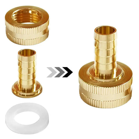 2 Pack Solid Brass Hose End Connector Kit One Half Inch Barb To Three Quarters Inch GHT Female Splicer Repair Fittings With Stainless Steel Clamps For Leakproof Garden Hose Repair, showing brass fittings and washers.