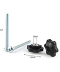 Kickass 8 Set Hardware Kit Featuring Solid Black Knobs, 1/4 Inch Hex Wedge Locknuts, And 1/4-20x2-1/2 Galvanized Bolts With Flat Washers, Dead Simple For Jig Construction And Fixture Fabrication Work. Black knob and galvanized bolts shown with dimensions.