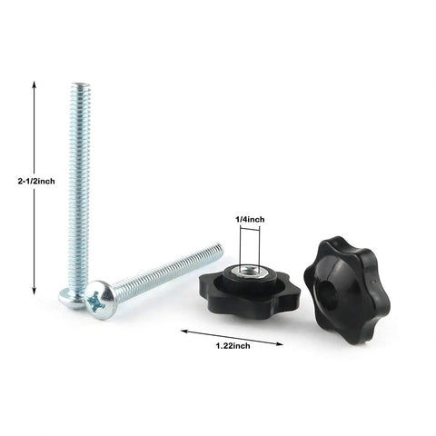 Kickass 8 Set Hardware Kit Featuring Solid Black Knobs, 1/4 Inch Hex Wedge Locknuts, And 1/4-20x2-1/2 Galvanized Bolts With Flat Washers, Dead Simple For Jig Construction And Fixture Fabrication Work. Black knob and galvanized bolts shown with dimensions.