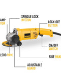 Beefy 5-Inch Angle Grinder With 5-Amp Motor For Fast Material Removal 11000 RPM Pro-Grade Power-To-Weight Ratio Adjustable Guard