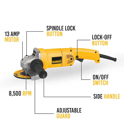 Beefy 5-Inch Angle Grinder With 5-Amp Motor For Fast Material Removal 11000 RPM Pro-Grade Power-To-Weight Ratio Adjustable Guard