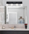 4 Light Black Vanity Lights Over Mirror With Seeded Glass Shades Sleek Modern Wall Mount Bath Fixture in bathroom