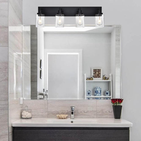4 Light Black Vanity Lights Over Mirror With Seeded Glass Shades Sleek Modern Wall Mount Bath Fixture in bathroom