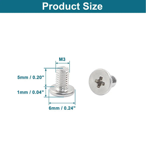 Dead Nuts Tight M3 X 5mm Round Flat Head Machine Screws 100 Pack showing size dimensions for easy reference.