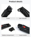 Electric Fishing Rope Stripper For Battery Powered Baitcasting Reels showing outlet, non-slip grip, battery compartment, and switch button.