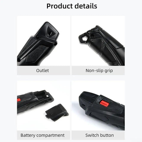 Electric Fishing Rope Stripper For Battery Powered Baitcasting Reels showing outlet, non-slip grip, battery compartment, and switch button.