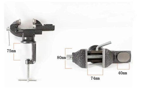 Heavy Duty Clamp On Vise With 360 Degree Rotating Jaw, 3.2 Inch Wide Jaw, Edge Mount Benchtop Vise, Black Finish, side view