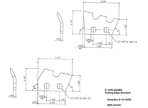 Technical drawing of 9 Inch Post Hole Digger Auger Teeth Replacement Kit With Bolts And Serrated Cutting Edge For Hydraulic Earth Augers.