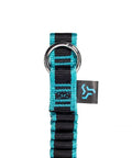 Close-up of Quick Cinch Chainsaw Lanyard with ring attachment, 60-inch reach, black and teal design.