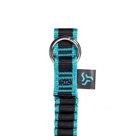 Close-up of Quick Cinch Chainsaw Lanyard with ring attachment, 60-inch reach, black and teal design.