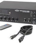 60W 7 Channel Bluetooth Mixer Amplifier with USB TF card, remote control, and cables included for commercial audio systems.
