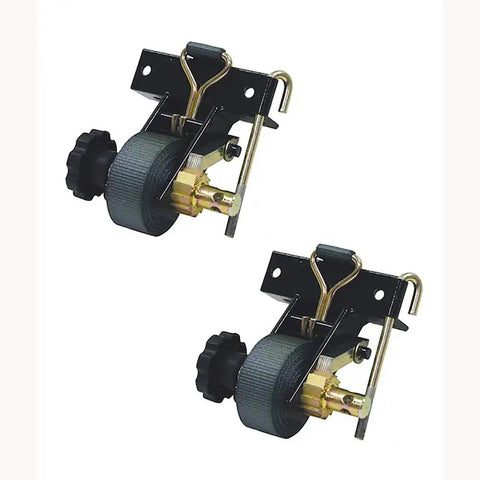 Beefy Ratchet Tie Downs For Square Tube Ladder Racks With Double J Hooks Set Of 2 500 Lb Working Load Limit For Trailer And Pickup Truck Cargo Control Black close-up view