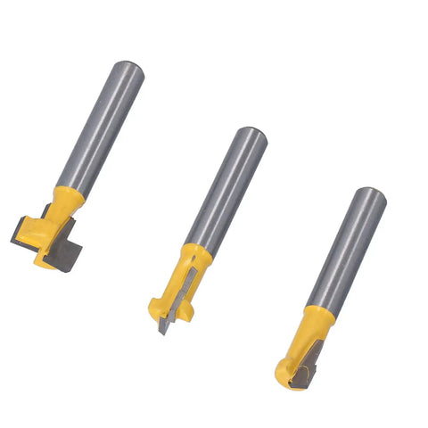 Pro Keyhole Router Bits Set 3 Pcs 1/4 Inch Shank T Slot Milling Cutters in carbon steel with hardened alloy blades.