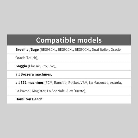 Table listing compatible models for 58mm Espresso Wdt Tool, including Breville, Gaggia, Bezzera, and more.