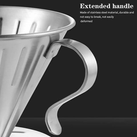 Close-up of Pour Over Coffee Dripper In 304 Stainless Steel V Shape Slow Drip Filter showing heat resistant handle