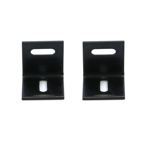 Close-up of black powder coated cast iron 20 Pack Heavy Duty L Clip Braces For Wood Tables And Cabinets Solid As A Rock Cast Iron Corner Connectors.